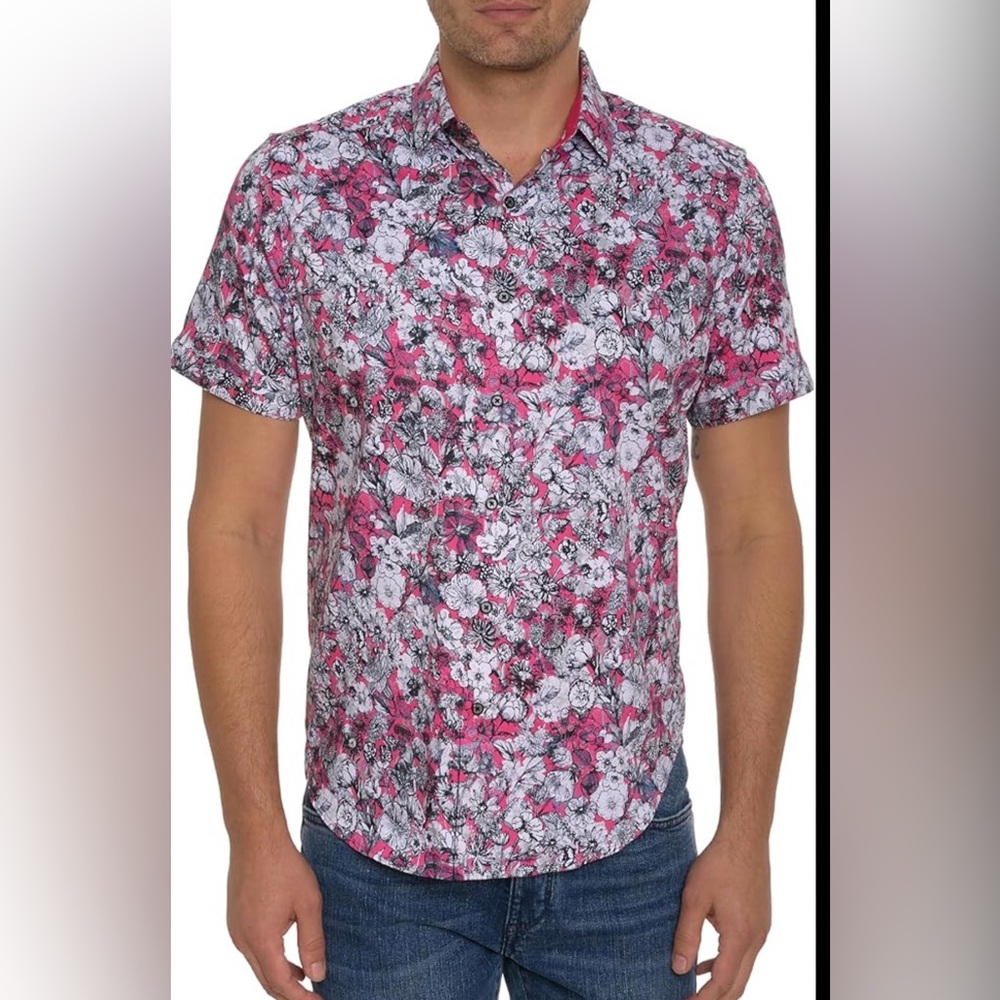 Robert Graham short sleeve button front shirt pink black grey white floral Large